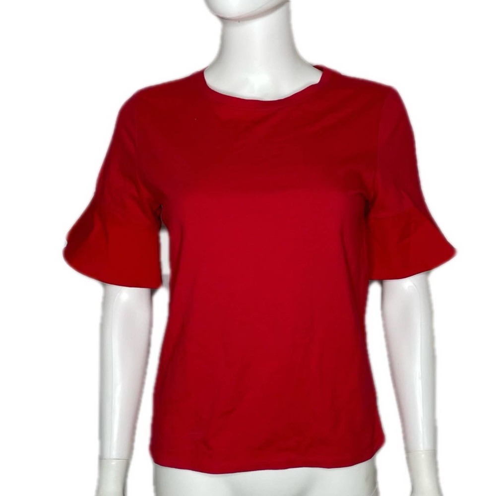 1901 Women's Red Bloom Short Flutter Sleeve Jewel Neck Cotton Blend Blouse sz XS